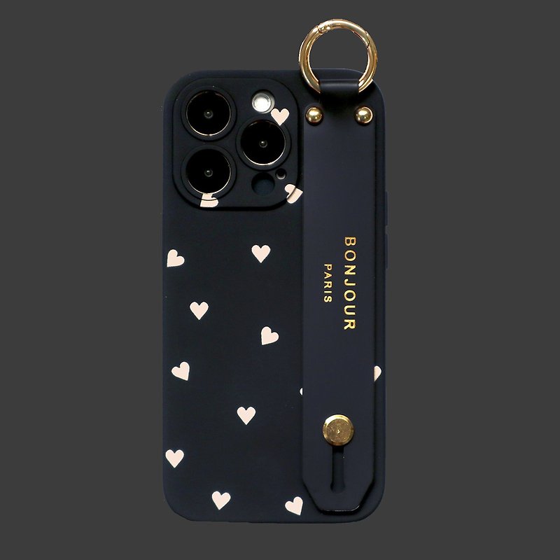 iPhone15/14/13/12 LOVE系列-瑪黑法式小愛心手帶手機殼 - 手機殼/手機套 - 塑膠 黑色