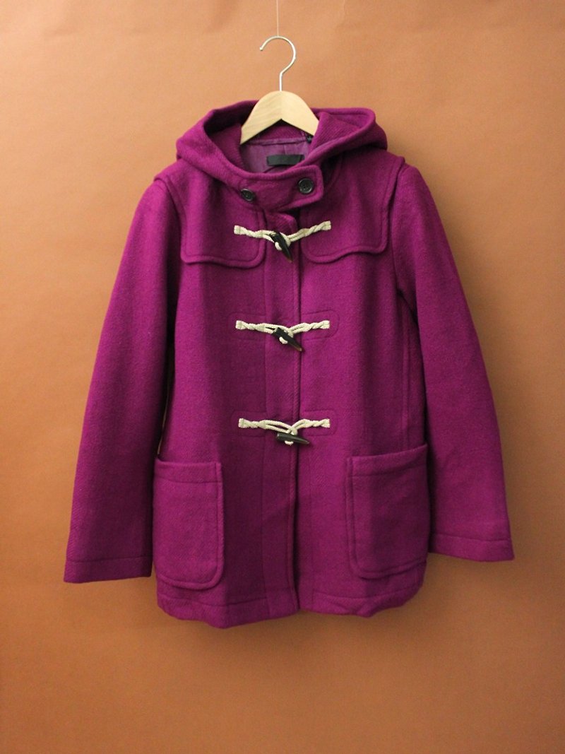 復古秋冬寬鬆紫紅色連帽古著牛角扣大衣外套 Vintage Outer - 女大衣/外套 - 羊毛 紫色