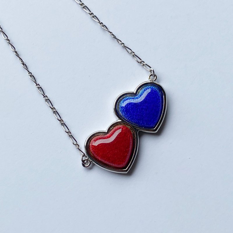 Twin Heart [Blue & Red] Cloisonne Pendant, Pure Silver Cloisonne - สร้อยคอ - วัสดุอื่นๆ สีน้ำเงิน