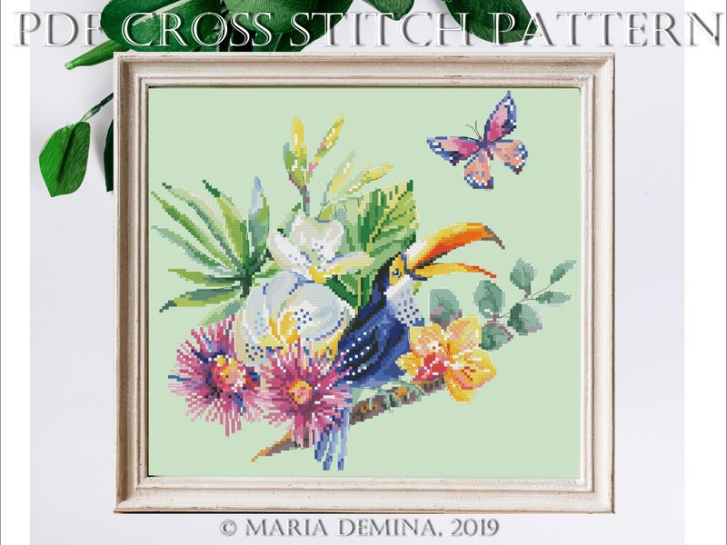 Toucan, Flowers And Butterfly PDF cross stitch pattern / instant download - 手工藝教學/工具書 - 其他材質 