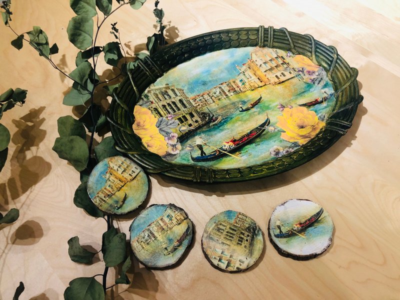 托盤杯墊組 威尼斯風情 杯墊 托盤 義大利 紙藝拼貼 蝶古巴特 - 擺飾/家飾品 - 木頭 咖啡色