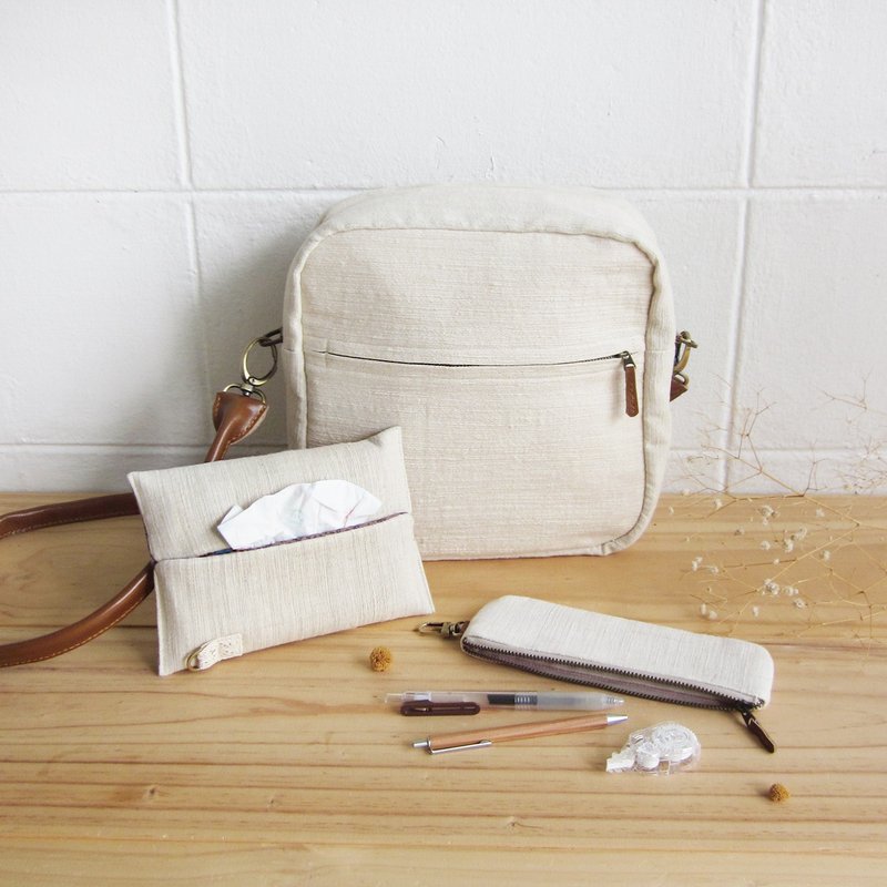 Goody Bag / A Set of Cross-body Bags Little Tan Extra Bag with Tissue Paper Case and Pencil Bag in Natural Color Cotton - 側背包/斜背包 - 紙 白色