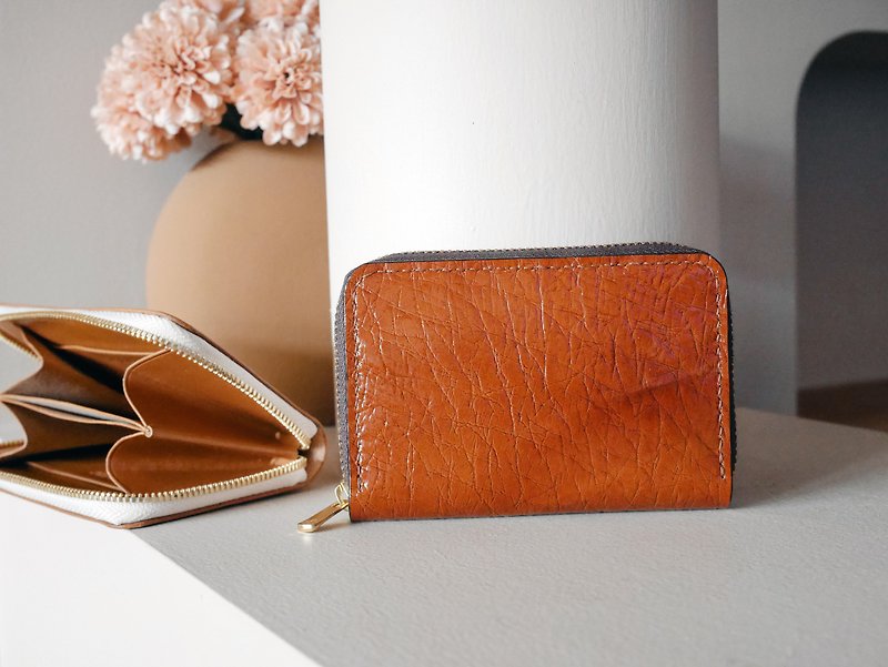 Leather zipper small wallet customized gift - กระเป๋าใส่เหรียญ - หนังแท้ สีส้ม