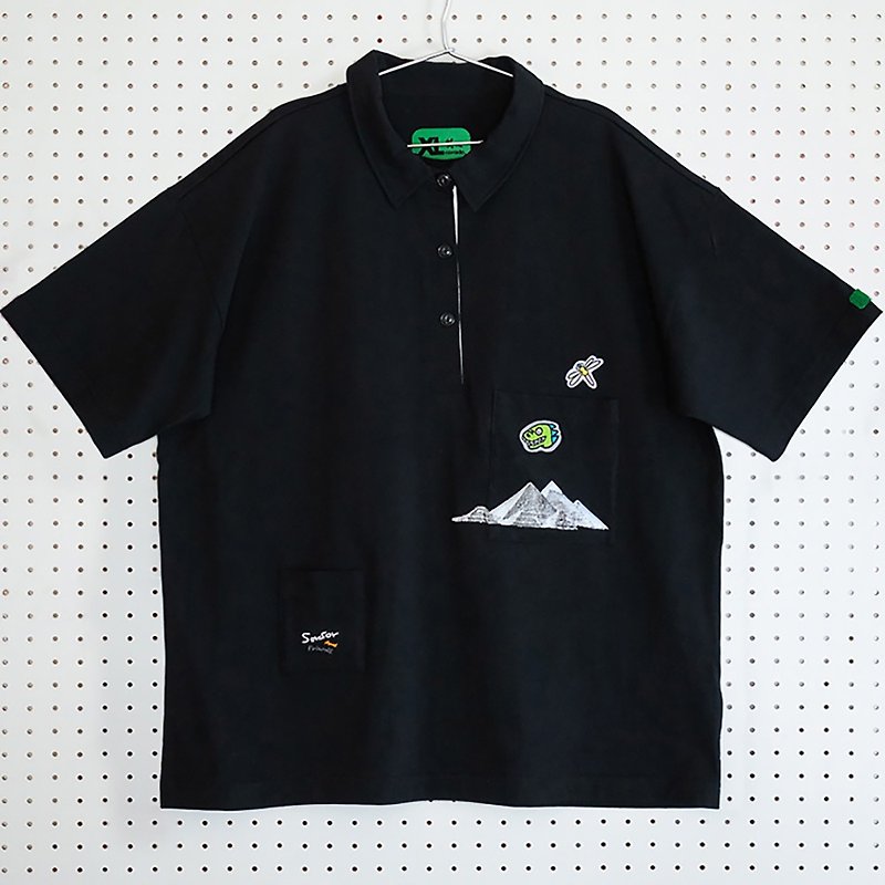 New Sorsor and Friends wide Polo shirt black short-sleeved T-shirt unisex - เสื้อยืดผู้หญิง - ผ้าฝ้าย/ผ้าลินิน สีดำ