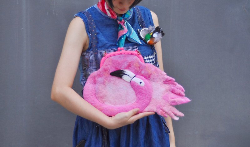 After school school hand a touch of pink flamingo wool felt handbag - Handbags & Totes - Paper Pink