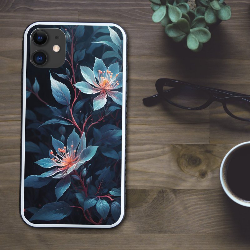 藍色の透明感ある花が美しい幻想的な植物 スマホケース【強化ガラス仕上げ】iPhone16 対応 - 手機殼/手機套 - 塑膠 多色