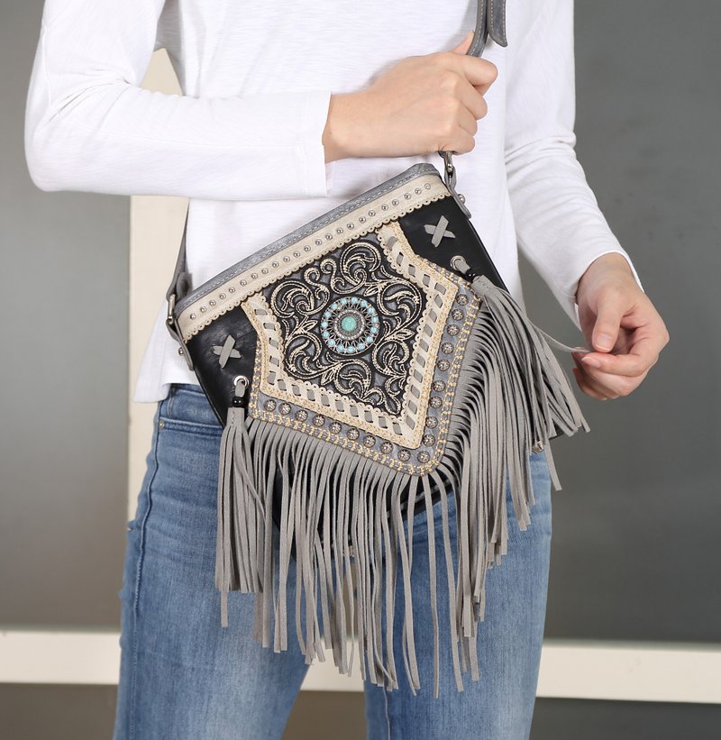 American Tribal Totem Bag With Fringe - Messenger Bags & Sling Bags - Faux Leather 