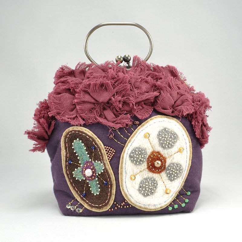 手提包　Bag of gauze embroidered with wool and beads, party bag, fluffy purple bag - トート・ハンドバッグ - ウール パープル