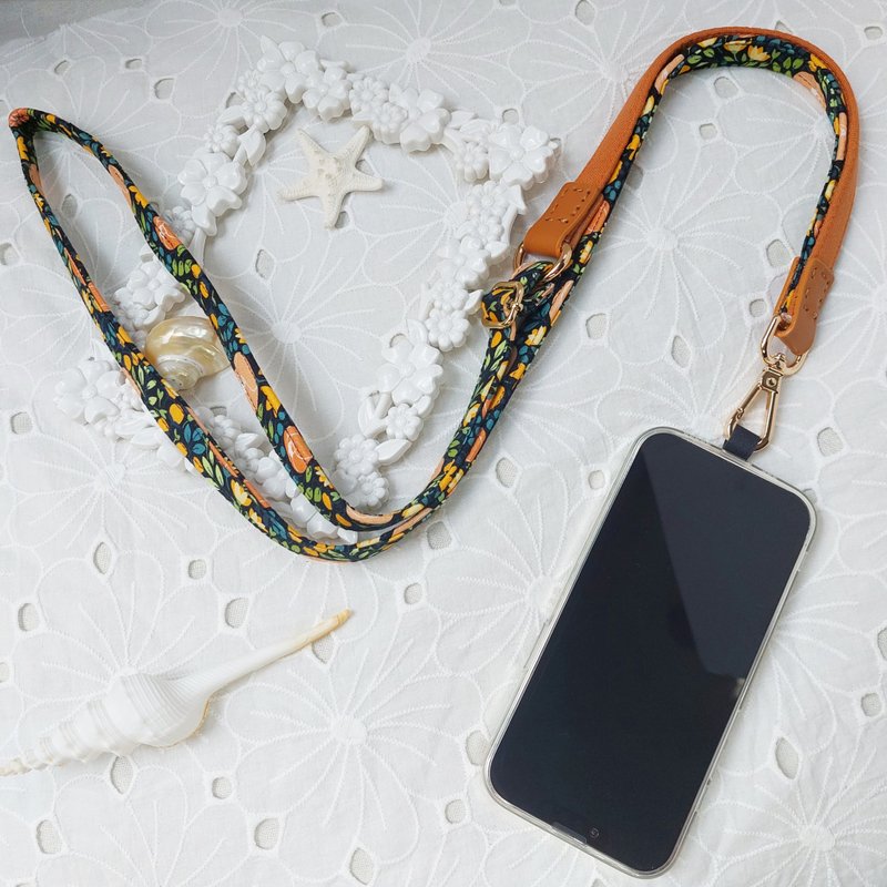 三合一多功能橘色系蜜桃花韓國棉布手機斜背繩/斜背帶/背繩/掛 - 手機掛繩/背帶 - 棉．麻 橘色