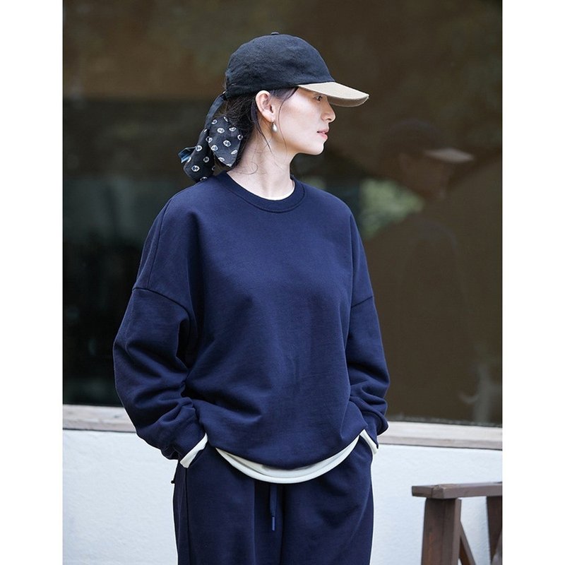 黛藍色單股粗棉紗圓領長袖套頭衛衣 - 女上衣/長袖上衣 - 棉．麻 