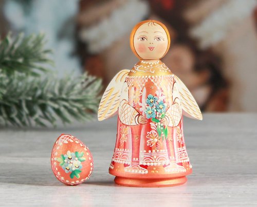 FirebirdWorkshop Rustic angel Wood angel Angel figurine with an egg Angel sculpture Archangel