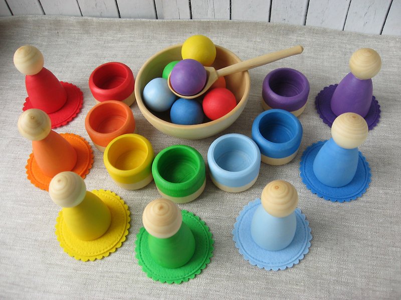 Rainbow Wood Large Peg dolls, wooden bowls and balls, toddler color sorting game
