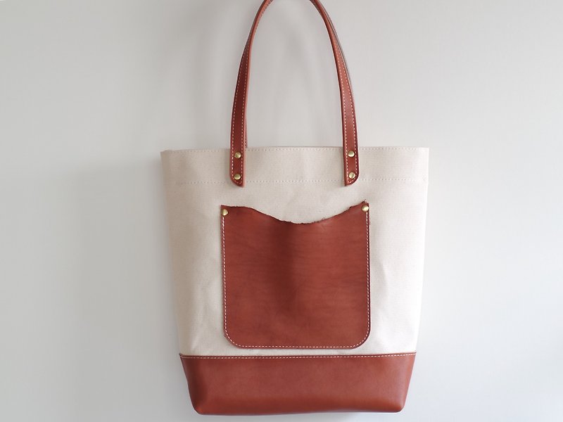 Leather ×Canvas tote bag - トート・ハンドバッグ - 革 ホワイト