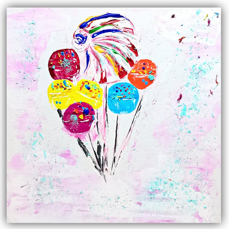 Original Art Lollipop Painting Dessert  Sweet Wall Art Candy Room Decor Artwork - Posters - Acrylic Multicolor