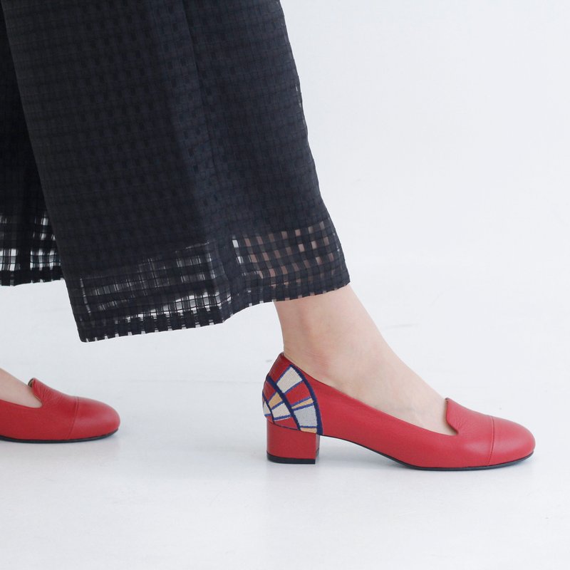 刺繍ローファーパンプス-タンポポの花火/スムースレッド - パンプス - 革 レッド