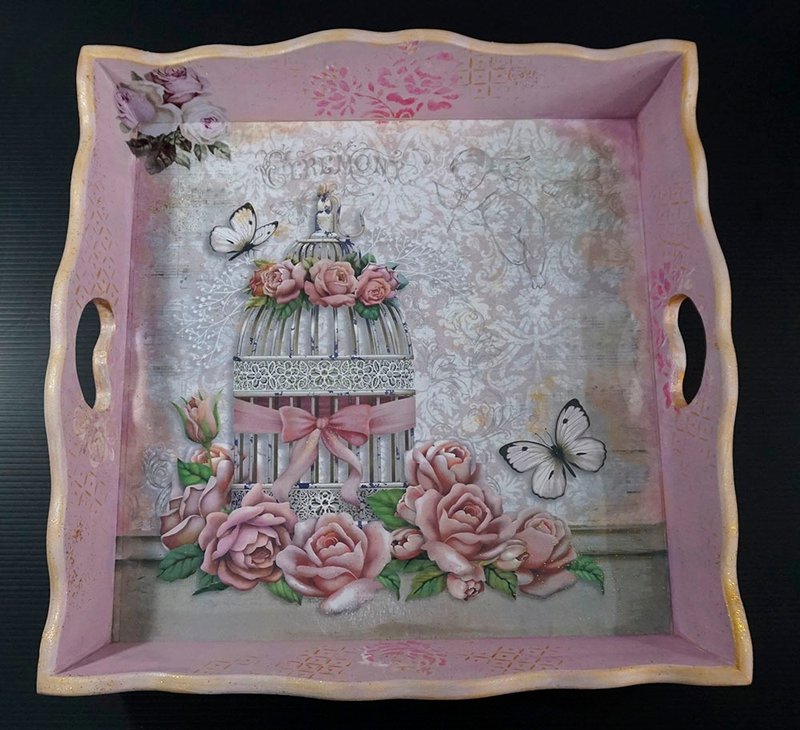 四方玫瑰花園托盤 水果盤 點心盤 - 托盤/砧板 - 木頭 粉紅色