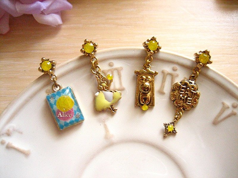 [Jolie baby] Alice Colorful Series - Alice Eat Me and Mr. lock lemon earrings set - ต่างหู - โลหะ สีเหลือง
