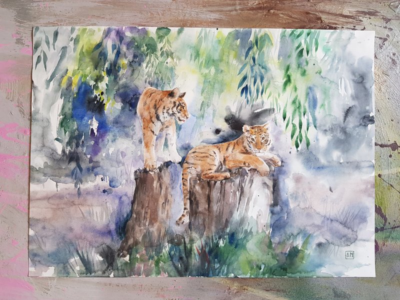 Landscape with tigers artwork hand painted Watercolor painting on paper - 壁貼/牆壁裝飾 - 其他材質 