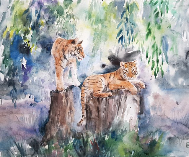 虎のアートワークのある風景手描き水彩画紙に - ショップ Arina