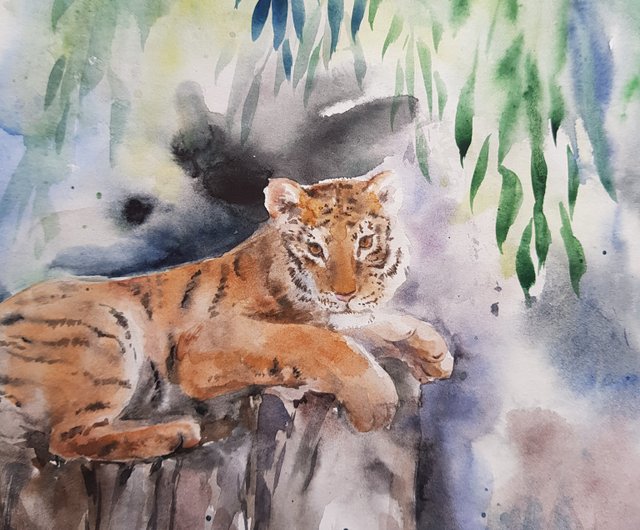 虎のアートワークのある風景手描き水彩画紙に - ショップ Arina