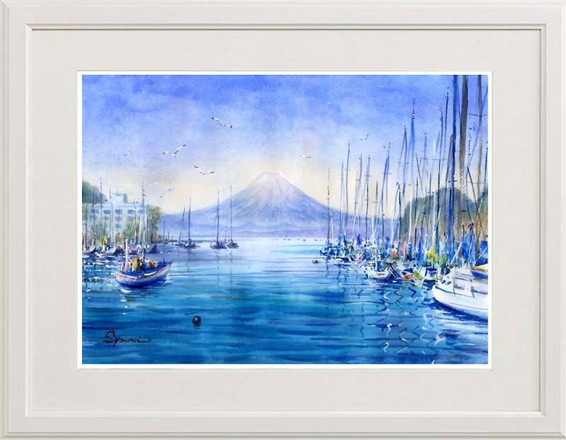 Watercolor picture original picture Mt. Fuji Distant view · 4 from Oshima Bay - Posters - Paper Blue