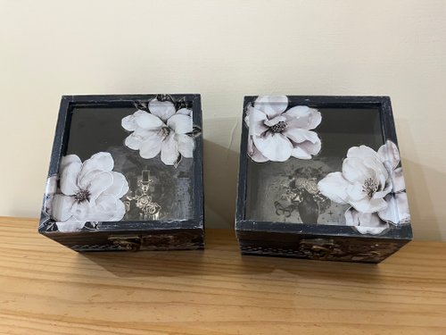 Mio D.C.P. 黛 你開心每一天 透明木盒 玻璃 收納盒 黑系 白花 松木盒 蝶古巴特 紙藝拼貼