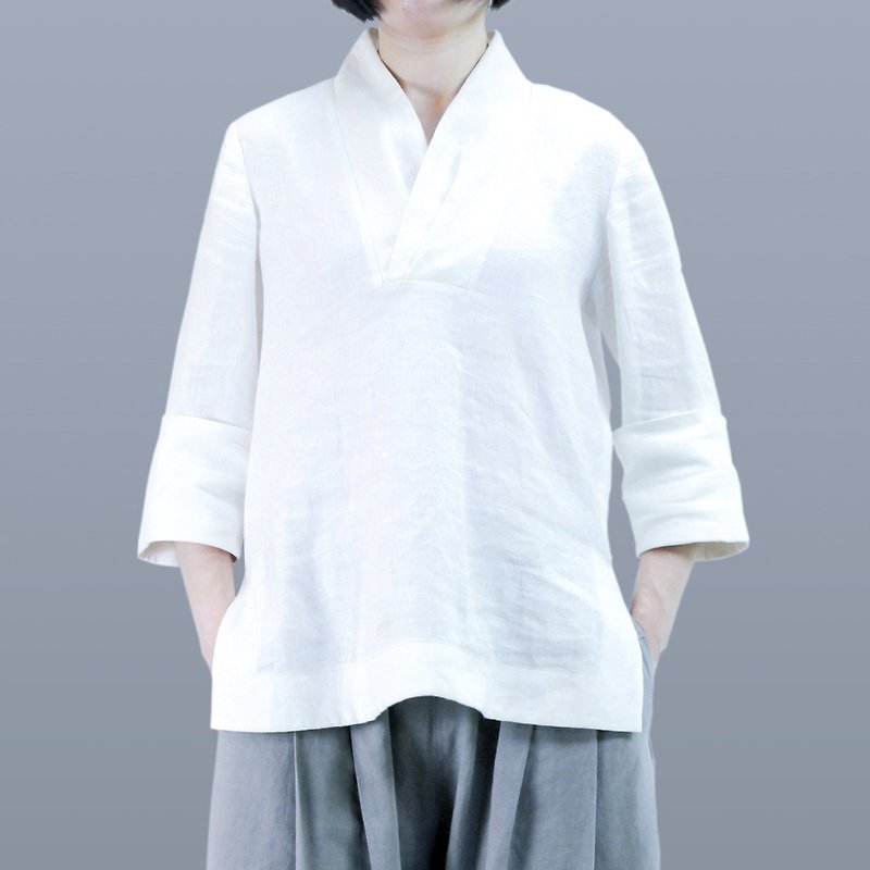 Scarf-collar Shirt, white. - Women's Tops - Cotton & Hemp White