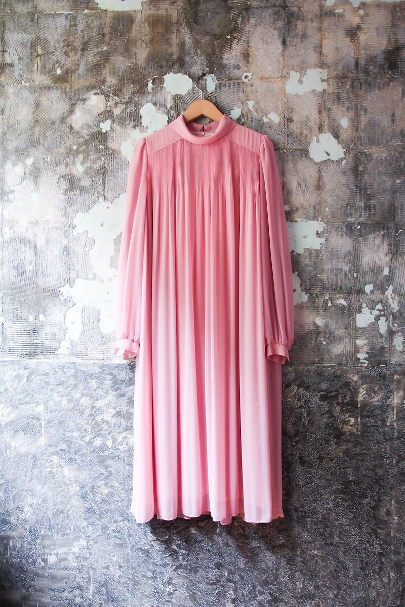 Vintage 樽領粉色細摺長袖洋裝   - 連身裙 - 聚酯纖維 