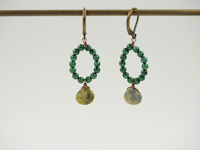 天然孔雀石 黃松石耳環 Malachite Yellow Turquoise - 耳環/耳夾 - 半寶石 綠色