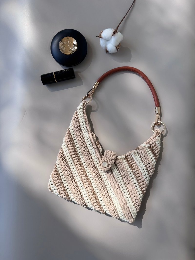 Handmade woven bag handbag shoulder bag armpit bag evening bag hand bag - milk tea color striped bag - Handbags & Totes - Cotton & Hemp Khaki