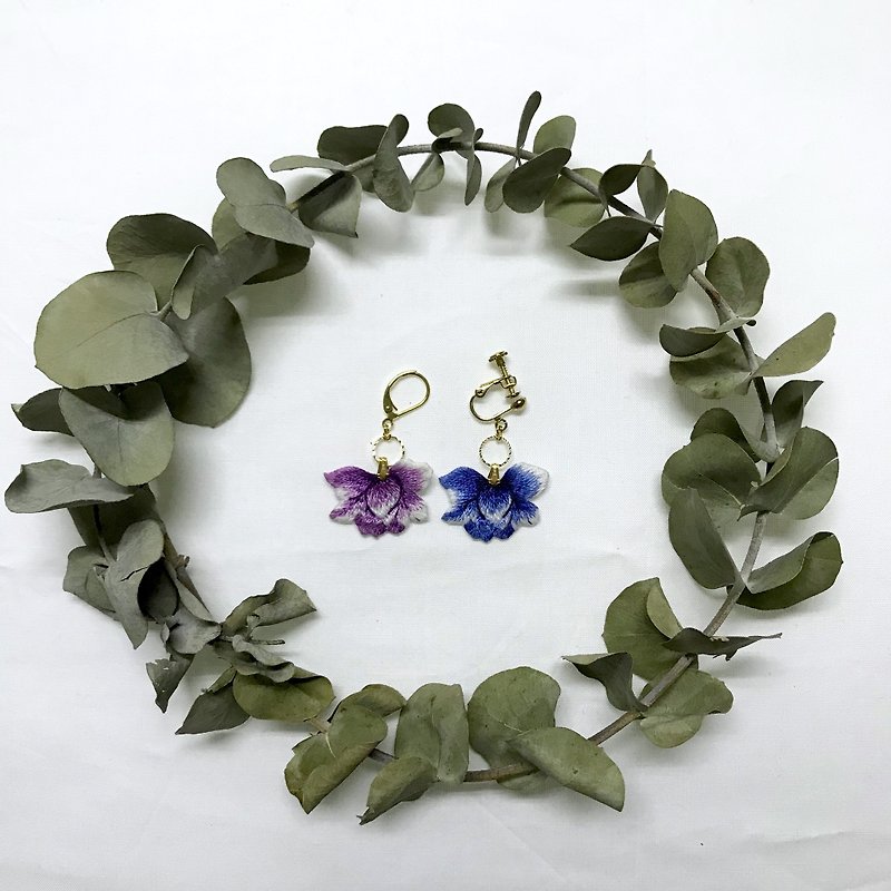 Mystery flower hand embroidery earrings - Earrings & Clip-ons - Thread Purple