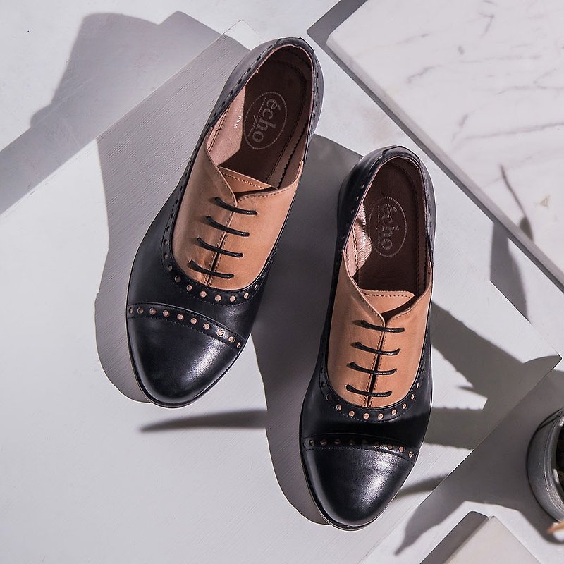 e cho V word shoes all wing stitching Oxford shoes ec33 black fight - Women's Oxford Shoes - Genuine Leather Black