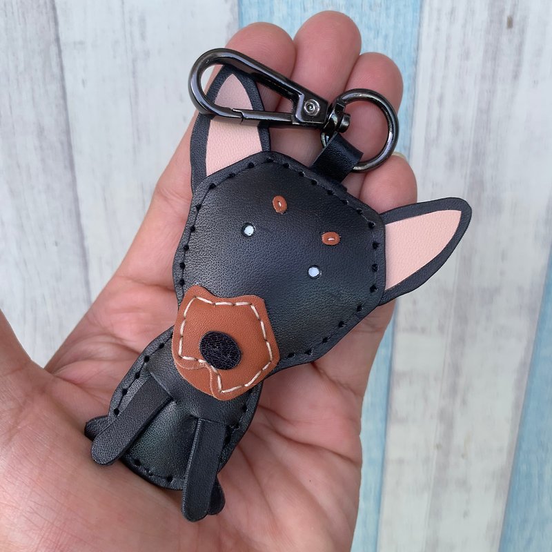 Healing small objects handmade leather black cute doberman pure hand-stitched keychain small size - Keychains - Genuine Leather Black