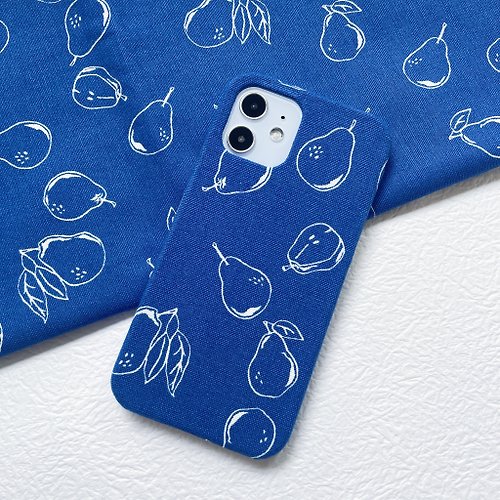 摩羯古物商店 克萊茵藍水果梨子 布藝 手工做 布面 iPhone手機殼 可客製