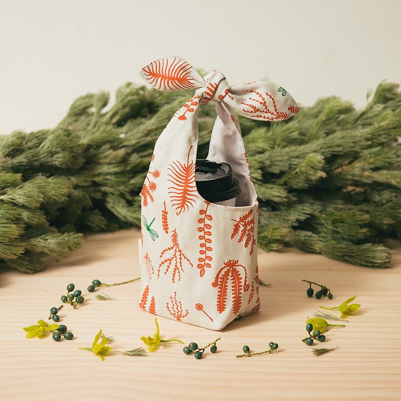 "Fatty Rabbit" Bottle Holder / Weeds and Dragonfly / Red Brick - Beverage Holders & Bags - Cotton & Hemp Red