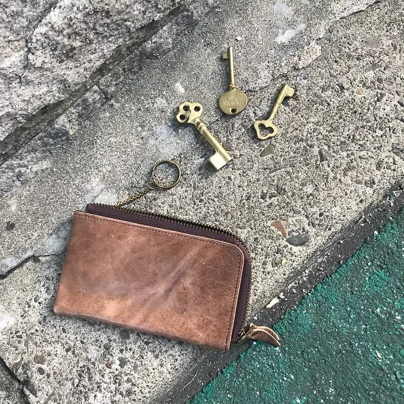Sienna真皮L拉鍊長鑰匙卡片零錢包*可同時放長鑰匙車鑰匙和感應卡的小包 - 鑰匙圈/鎖匙扣 - 真皮 咖啡色