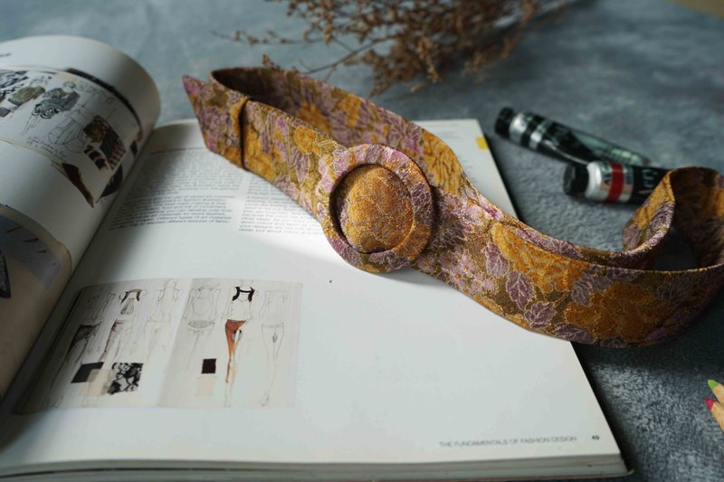 Antique tie remade belt-withered Brown-mustard yellow - Belts - Polyester Brown