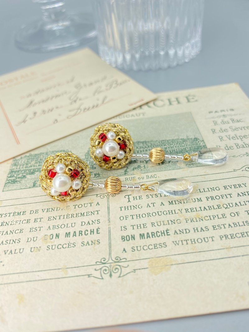 かぎ針編みのビーズのイヤリングウォータードロップビーズのブライダルヴィンテージチャイナドレス - ピアス・イヤリング - その他の素材 ゴールド