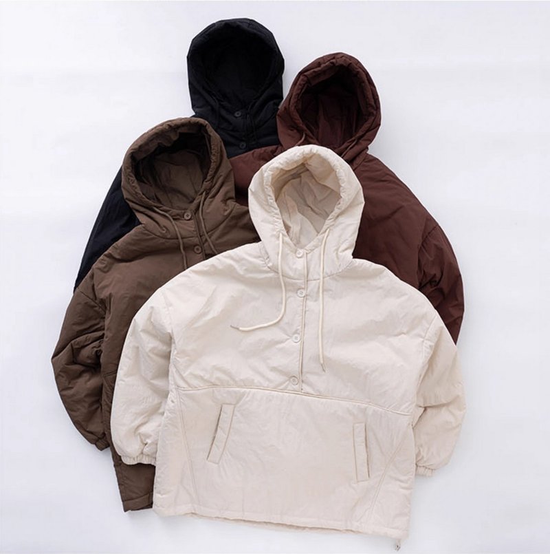 [Sori Zhihai] Casual pullover hooded cotton jacket (pre-order) - เสื้อผู้หญิง - ผ้าฝ้าย/ผ้าลินิน สีนำ้ตาล