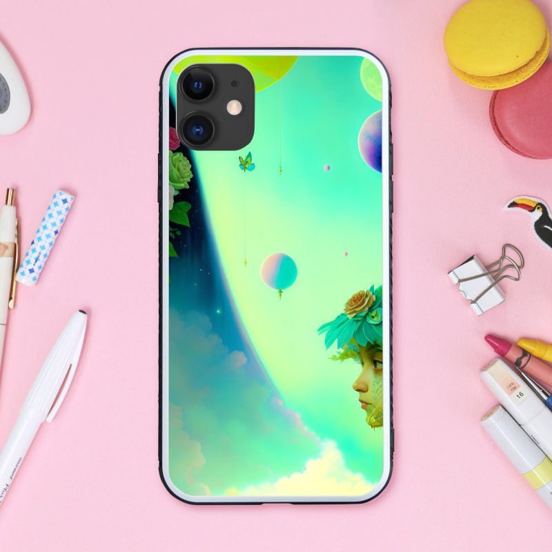 自然とメルヘンチックでゆめかわいい緑色の空と宇宙と女の子 スマホケース【強化ガラス仕上げ】iPhone16 対応 - 手機殼/手機套 - 塑膠 多色