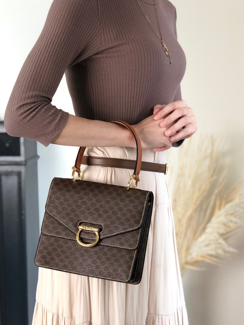 【 日本直送　名牌中古包 】CELINE セリーヌ マカダム ハンドバッグ ブラウン ホースビット PVC レザー ダブルフラップ vintage 8byndv - 手提包/手提袋 - 防水材質 咖啡色