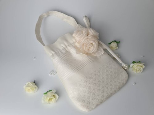 BonnieU Premium Thai silk handmade bag - (Ivory white color with rose)