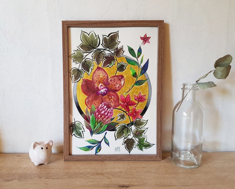 Original Watercolor artwork handmade mixed technique - flower arrangement - 壁貼/牆壁裝飾 - 其他材質 