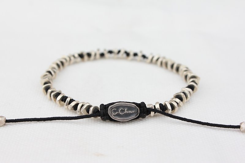Hand tie knot style 925 silver handmade silver beads simple boys and girls national wind beaded bracelet (wristband) Customized (red) (black line) - Bracelets - Other Metals Black