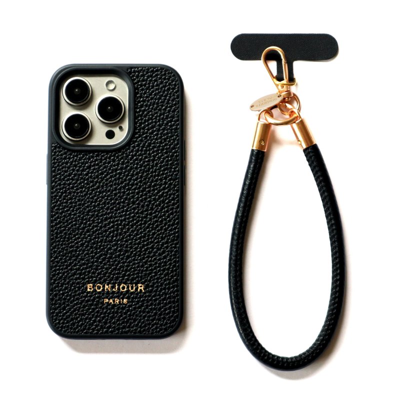 iPhone15/14/13 French black small French leather phone case set (with wrist strap) - เคส/ซองมือถือ - พลาสติก สีดำ