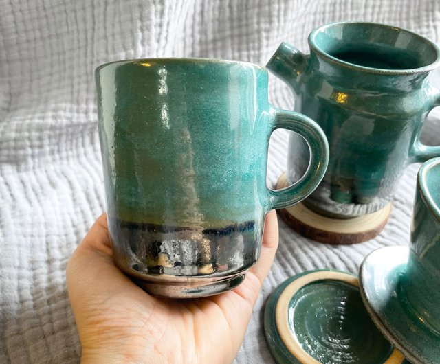 Handmade Pottery Blue Cappuccino Cup with a Saucer by Mad About