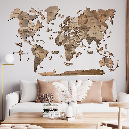 EnjoyTheWood 木頭世界地圖牆藝術 質朴的牆面裝飾 3D 世界地圖 家居裝飾