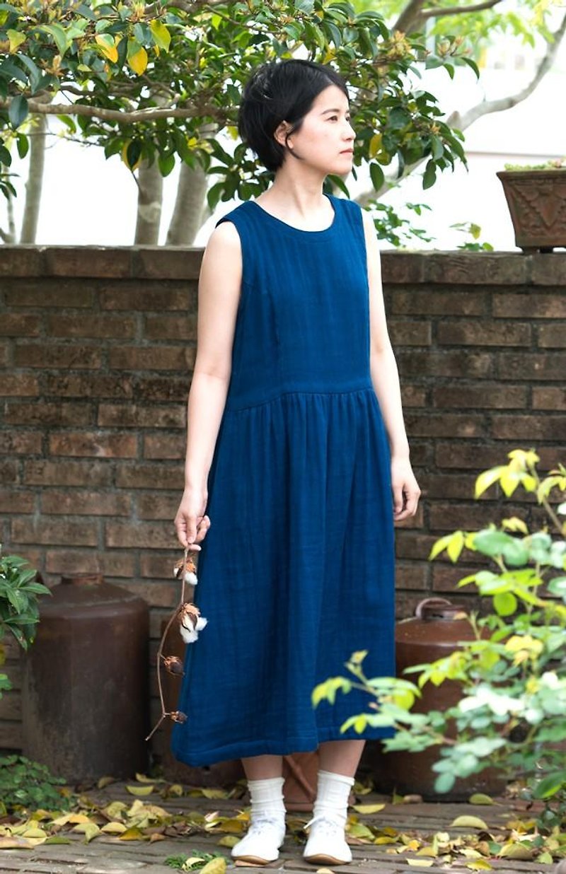 Sleeveless gather dress [organic cotton indigo dyed gauze] - One Piece Dresses - Cotton & Hemp Blue