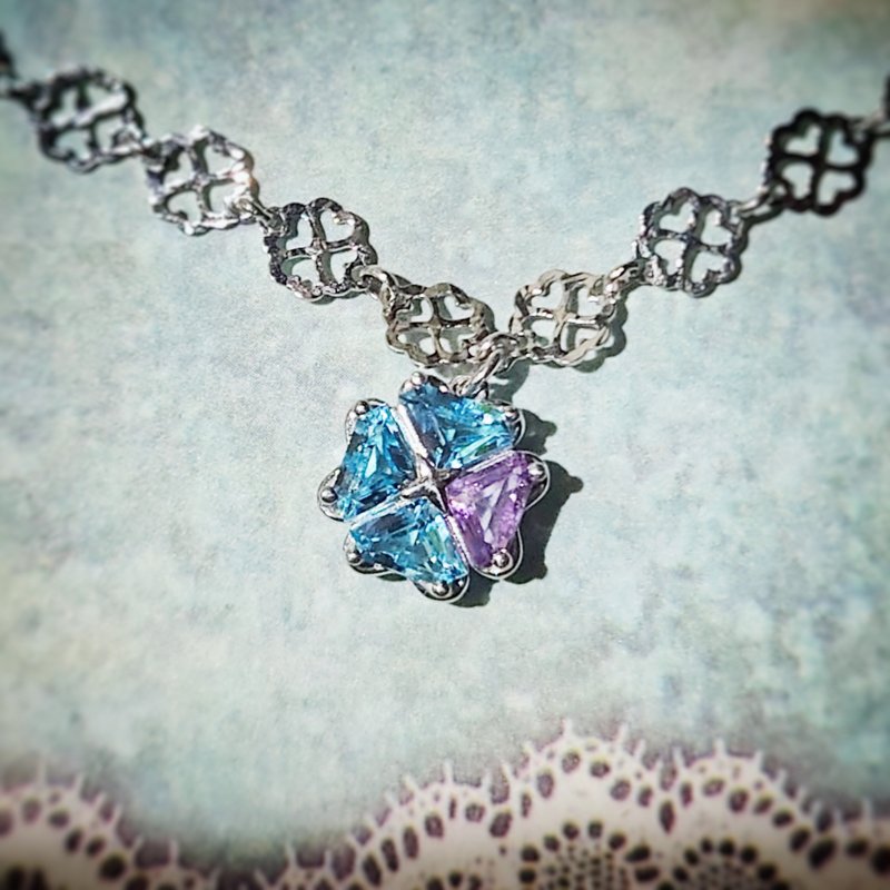 Clover Diamond Cut Swiss Blue Topaz Amethyst 18KWP Silver Chocker - สร้อยคอ - เครื่องประดับพลอย สีน้ำเงิน