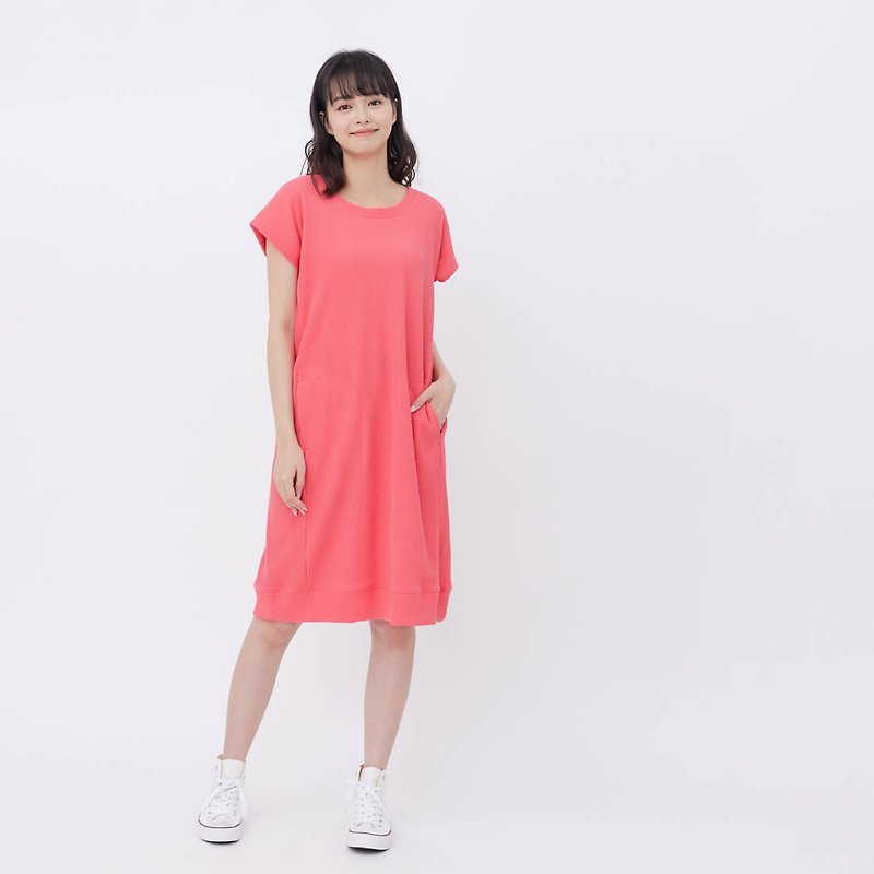 Waffle Knit Drop Shoulder Summer Dress - ชุดเดรส - ผ้าฝ้าย/ผ้าลินิน สีแดง